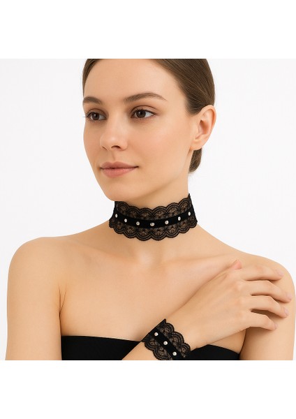 Metal Detaylı Siyah Dantel Choker ve Bileklik Seti