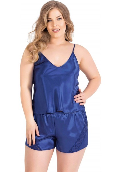 Aria's Closet Büyük Beden Saks Saten Babydoll Şort Takımı