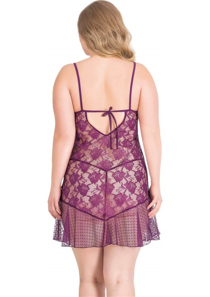 Aria's Closet Büyük Beden Mor Kısa Tül Gecelik