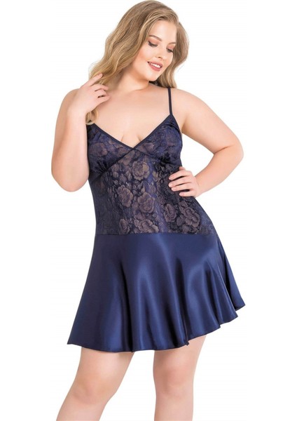 Aria's Closet Büyük Beden Lacivert Kısa Saten Gecelik