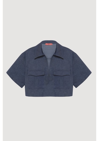 Cep Detaylı Kot Görünümlü Crop Bluz Indigo