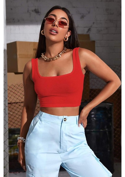Kadın Kırmızı Kalın Askılı Crop Top Büstiyer fırsatları