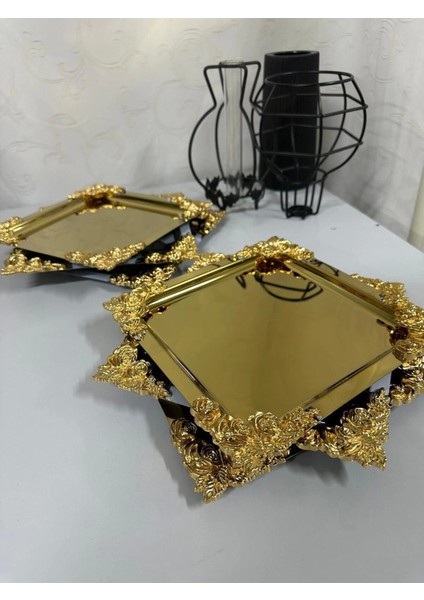 Paslanmaz Gold Gül Detaylı Kahve Pasta Sunum Tepsisi 6lı