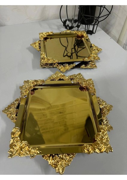 Paslanmaz Gold Gül Detaylı Kahve Pasta Sunum Tepsisi 6lı