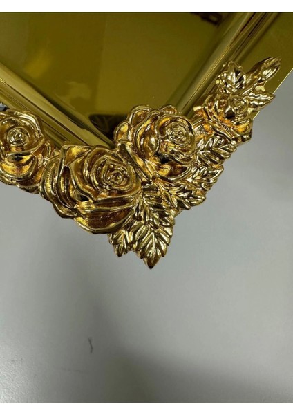 Paslanmaz Gold Gül Detaylı Kahve Pasta Sunum Tepsisi 6lı
