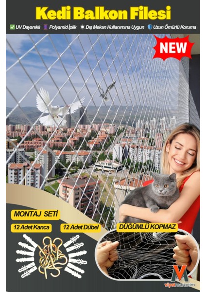 Kedi ve Kuş Balkon Filesi 2,5X3M – Uv Dayanıklı Güvenlik Filesi Kanca ve Dübel Dahil