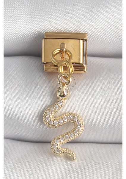 316L Çelik Gold Renk Sallantı Zirkon Taşlı Yılan Model Nomination Charm - TJ-BC1364