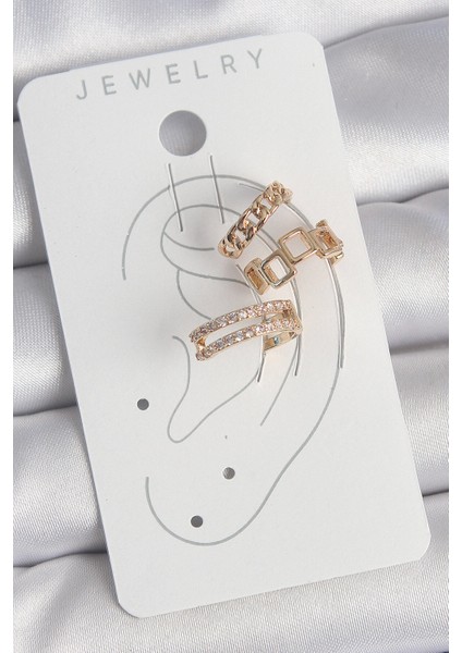 Pirinç Gold Renk Zirkon Taşlı Kare Zincir Model Kadın Kıkırdak Küpe - TJ-BKP10588