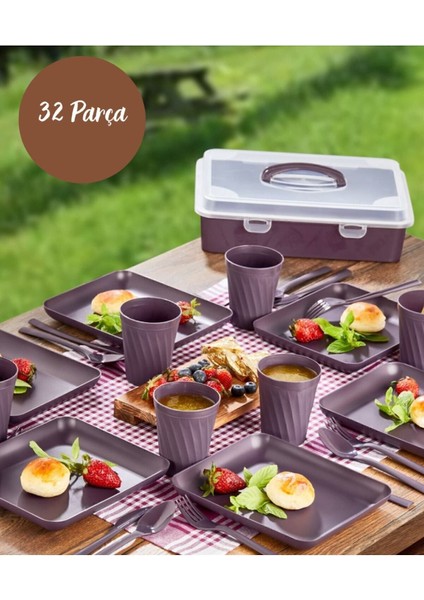 6 Kişilik Mürdüm Piknik Seti Pasta Börek Taşıma Kabı ile Birlikte 32 Parça