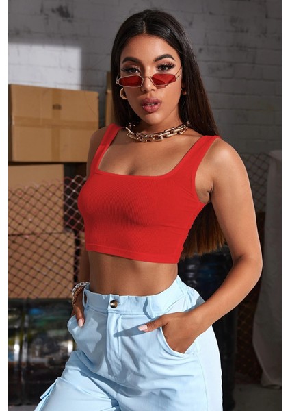 Kadın Kırmızı Kalın Askılı Crop Top Büstiyer