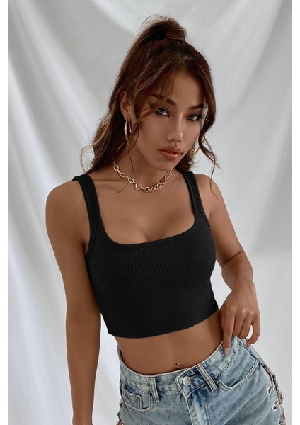 Kadın Siyah Kalın Askılı Crop Top Büstiyer