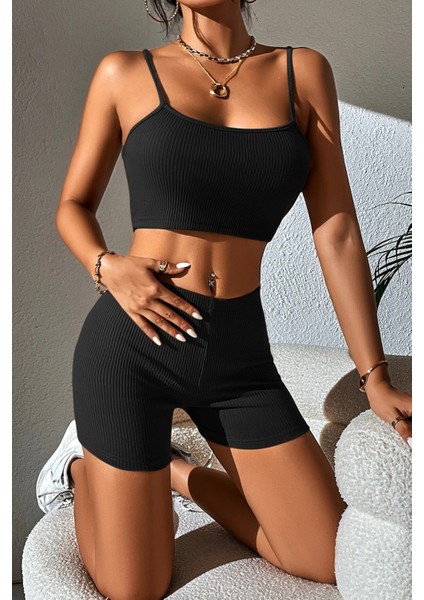 Kadın Siyah Şortlu Kaşkorse Gecelik Takım