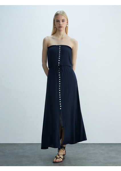 Kadın Basıc Düğmeli Lacivert Elbise