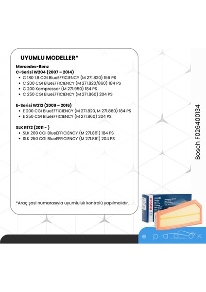 Mercedes-Benz E-Serisi (W212) Hava Filtresi E200, E250 | F026400134 fiyatları