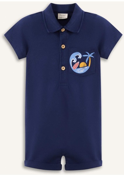 Erkek Bebek Polo Yaka Palmiye Desenli Kısa Kollu Tulum C5916A525SM