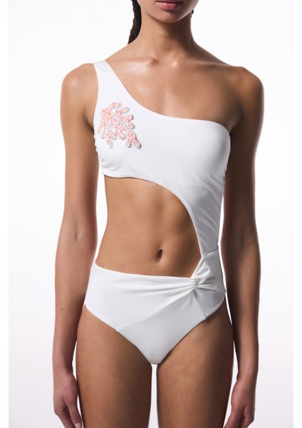Beyaz Pearl Boncuklu Monokini - Gamze Erçel Koleksiyonu