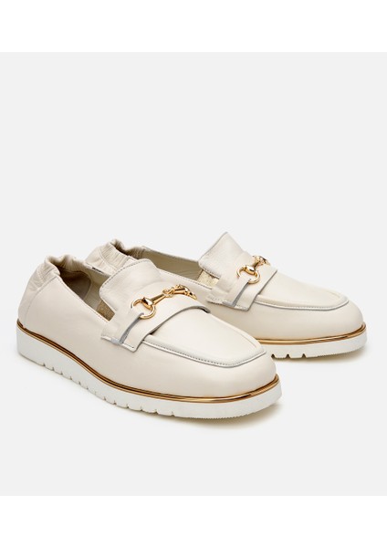 01AYH306220A400 KADIN Deri Ekru Lastik Detaylı Tokalı Günlük Loafer