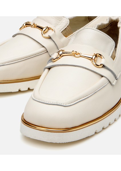 01AYH306220A400 KADIN Deri Ekru Lastik Detaylı Tokalı Günlük Loafer