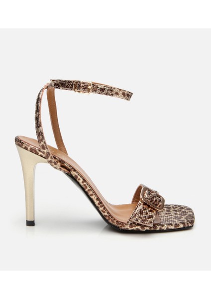 01SAH310160A499 KADIN Deri Gold Leopar Desenli Kemerli Topuklu Sandalet
