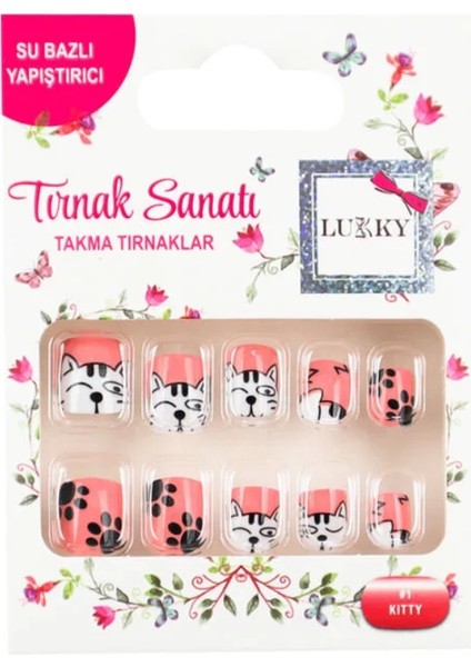 Kedi Baskılı Yapışkanlı Takma Tırnak Seti