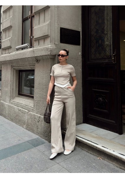 Düğme Yakalı Bej Alt Üst Takım S3943 fırsatları