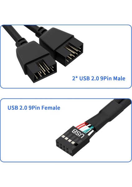 2 Adet Bilgisayar Anakart USB 2.0 9 Pin Çift 9 Pin Uzatma Kablosu Y Ayırıcı Ses Hd Uzatma Kablosu Siyah (Yurt Dışından)