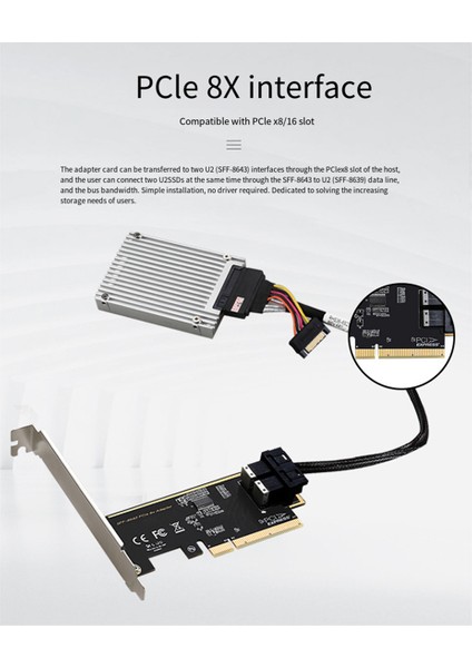 Pcıe 8x'ten 2 Portlu U.2 Adaptör Kartı SFF8643 Çift Nvme SSD Pcıe X8 Genişletme Kartı SFF8643 U2 Adaptörü (Yurt Dışından)