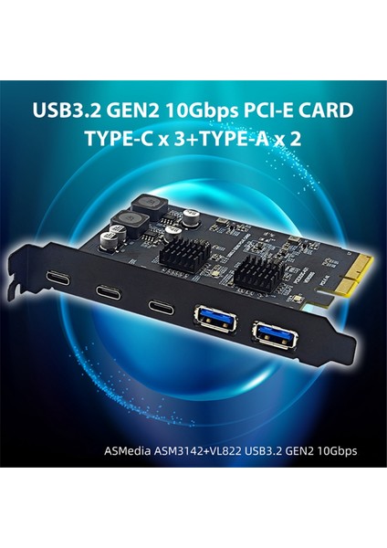 Pcı Express X4 - 3 Port Type C + 2 Port Usb3.2 Gen2 10GBPS Adaptör ASM3142 + VL822 Çip Pcıe USB Genişletme Kartı (Yurt Dışından)