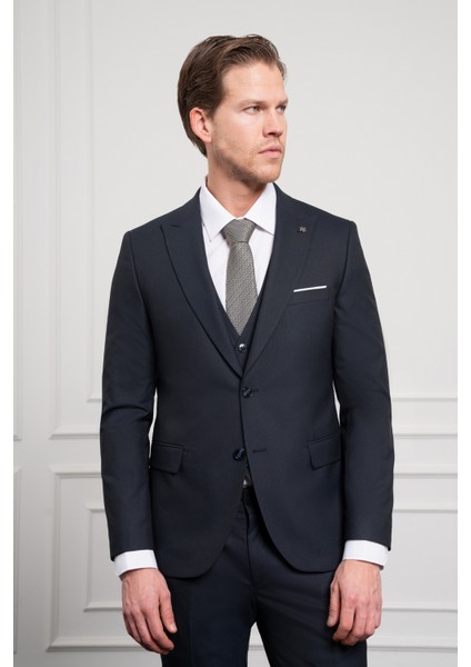 Erkek Lacivert Trend Yelekli Slim Fit Dar Kesim Sivri Yaka Takım Elbise fırsatları