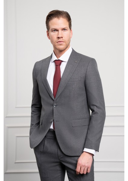 Erkek Füme Trend Slim Fit Dar Kesim Sivri Yaka Takım Elbise