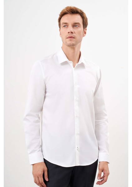 Erkek Beyaz Pamuk Düz Desen Sert Yaka Slim Fit Gömlek