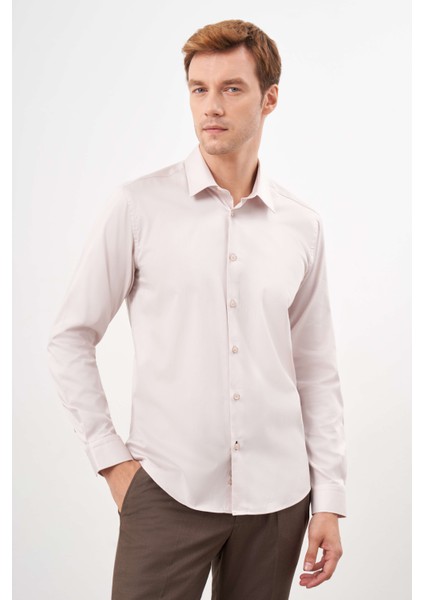 Erkek Bej Pamuk Düz Desen Sert Yaka Slim Fit Gömlek