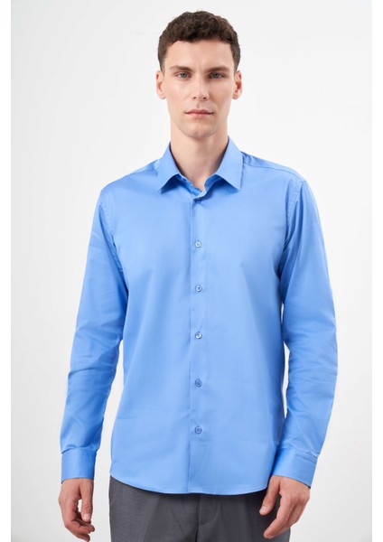 Erkek Koyu Mavi Pamuk Düz Desen Sert Yaka Slim Fit Gömlek