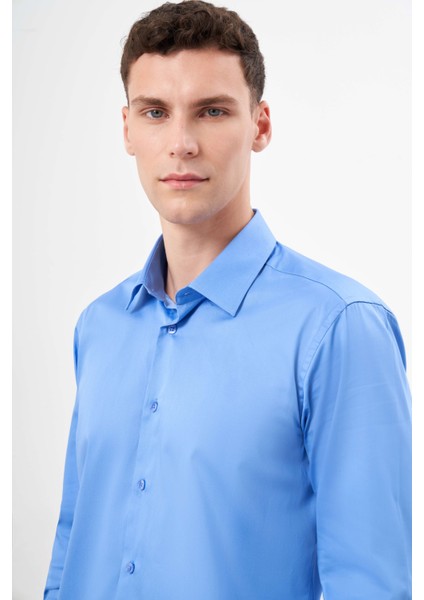 Erkek Koyu Mavi Pamuk Düz Desen Sert Yaka Slim Fit Gömlek modelleri
