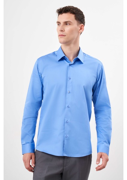 Erkek Koyu Mavi Pamuk Düz Desen Sert Yaka Slim Fit Gömlek