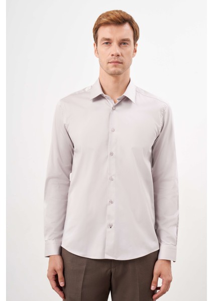 Erkek Taş Pamuk Düz Desen Sert Yaka Slim Fit Gömlek