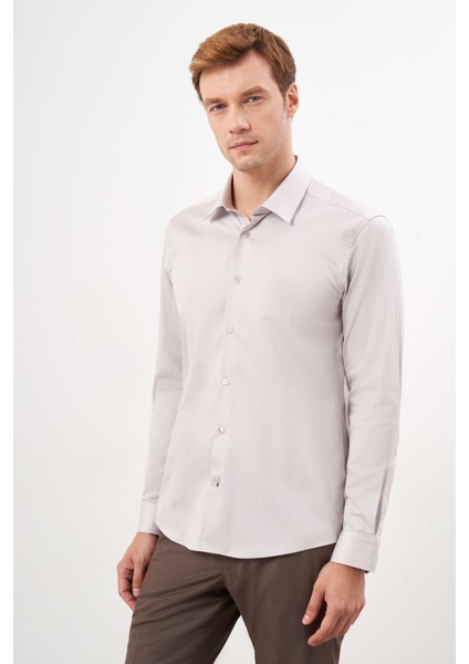 Erkek Taş Pamuk Düz Desen Sert Yaka Slim Fit Gömlek fiyatları