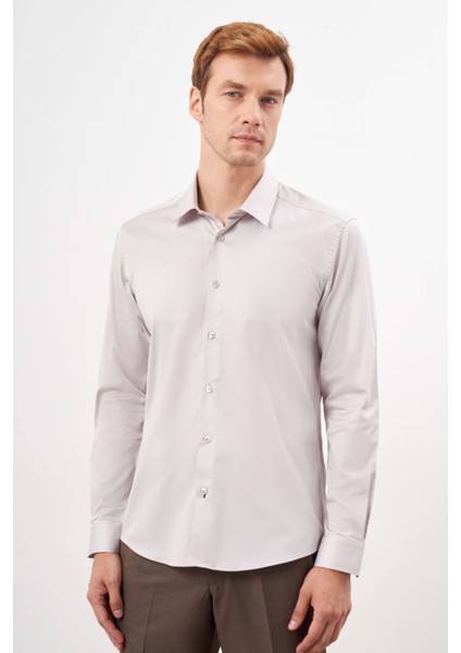 Erkek Taş Pamuk Düz Desen Sert Yaka Slim Fit Gömlek modelleri