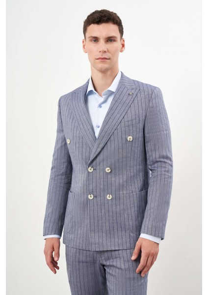 Erkek Lacivert Keten Trend Kruvaze Slim Fit Sivri Yaka Takım Elbise