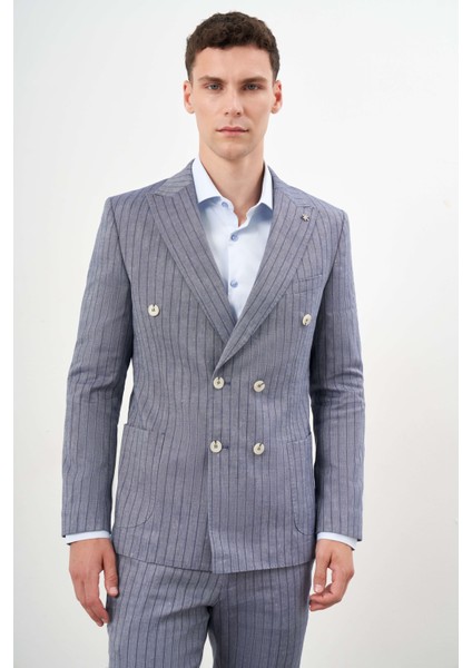 Erkek Lacivert Keten Trend Kruvaze Slim Fit Sivri Yaka Takım Elbise modelleri