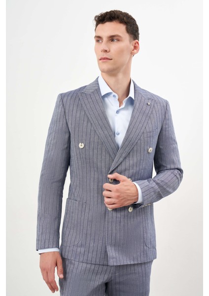 Erkek Lacivert Keten Trend Kruvaze Slim Fit Sivri Yaka Takım Elbise fırsatları