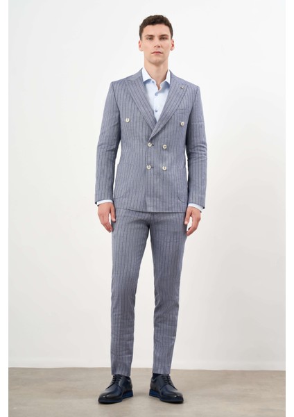 Erkek Lacivert Keten Trend Kruvaze Slim Fit Sivri Yaka Takım Elbise indirimleri