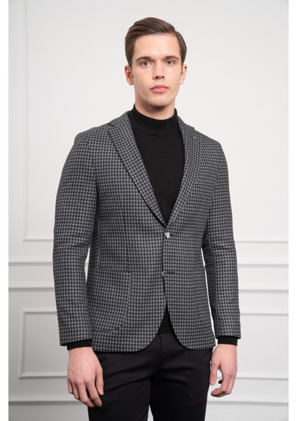 Erkek Siyah Dokuma Slim Fit Dar Kesim Mono Yaka Ceket