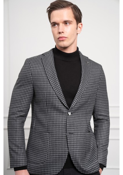 Erkek Siyah Dokuma Slim Fit Dar Kesim Mono Yaka Ceket fırsatları