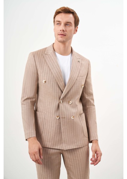 Erkek Kremrengi Keten Trend Kruvaze Slim Fit Sivri Yaka Takım Elbise