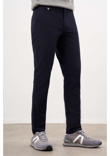 Erkek Lacivert Yazlık Pamuk Yan Cep Slim Fit Chino Pantolon