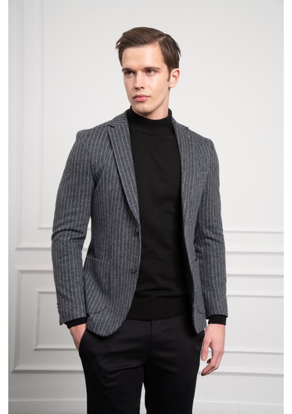 Erkek Gri Örme Slim Fit Dar Kesim Mono Yaka Ceket