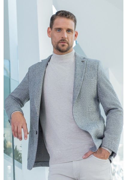 Erkek Gri Örme Slim Fit Mono Yaka Ceket