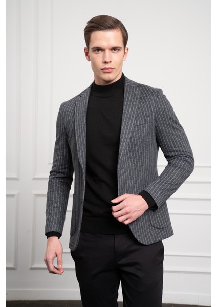 Erkek Gri Örme Slim Fit Dar Kesim Mono Yaka Ceket modelleri