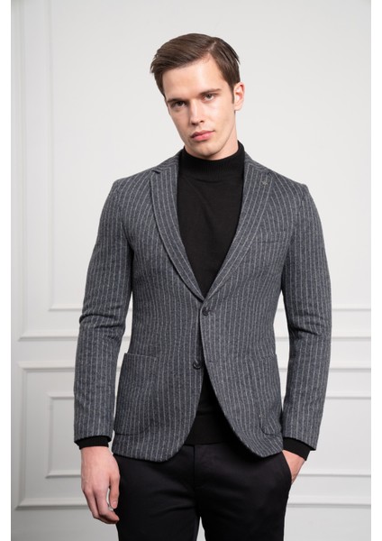 Erkek Gri Örme Slim Fit Dar Kesim Mono Yaka Ceket fırsatları